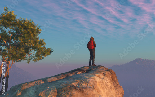 A hiker looks over the top ...