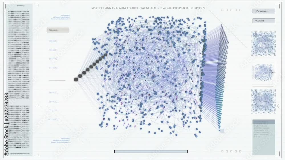 The Concept of: Light Visualization of Neural Network Working in a Cube. Various Clusters of Connections Loading, Interchanging Stream of Information.