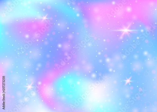 Hologram background with rainbow mesh. Trendy universe banner in princess colors. Fantasy gradient backdrop. Hologram unicorn background with fairy sparkles  stars and blurs.
