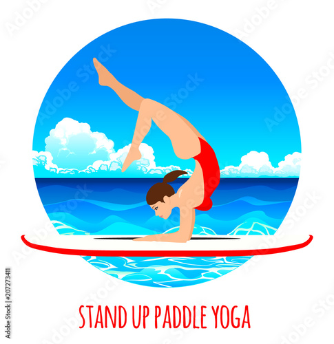 Woman practicing SUP yoga on a paddle board in the sea ocean Vector illustration. Sea background.