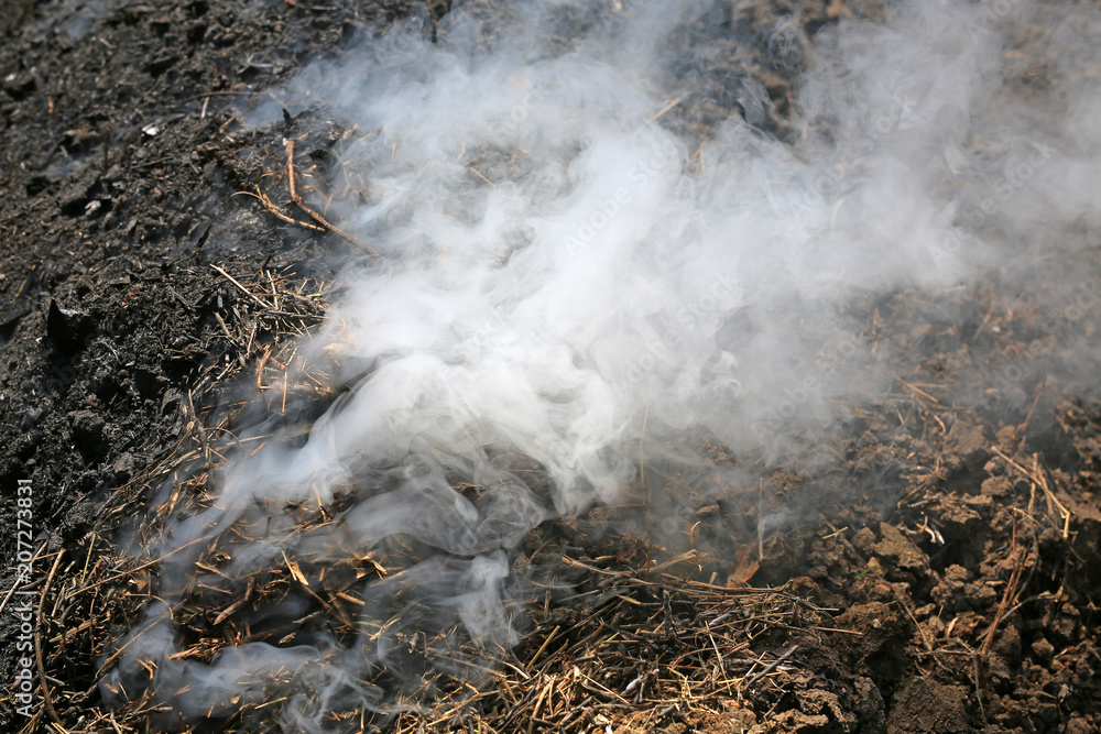 Smoke from charcoal in a traditional manner forest.