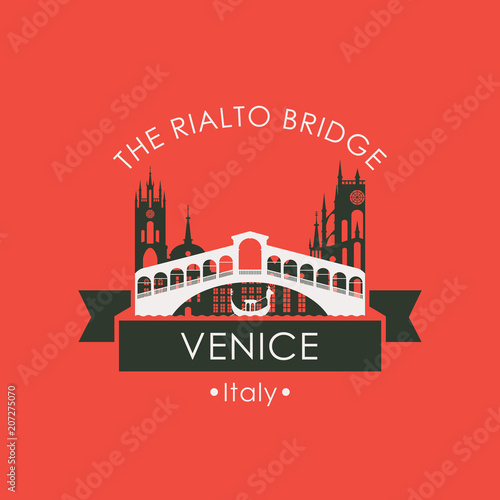 Vector travel illustration, banner or icon. Rialto bridge logo. Ponte di Rialto and the gondola on a background of the old buildings of Venice. Venice Landmark. Italian architectural attraction