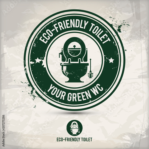 alternative eco friendly toilet stamp containing: two environmentally sound eco motifs in circle frames, grunge ink rubber stamp effect, textured carton paper background, eps10 vector illustration