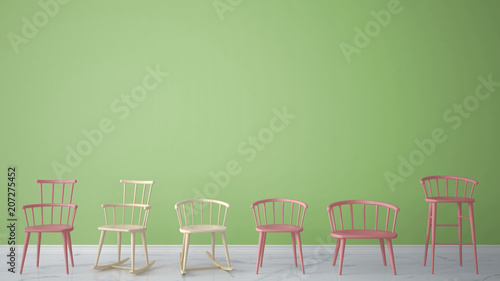 Set of modern pink scandinavian classic and rocky chairs in contemporary empty interior with marble floor  architect designer concept  green background with design copy space