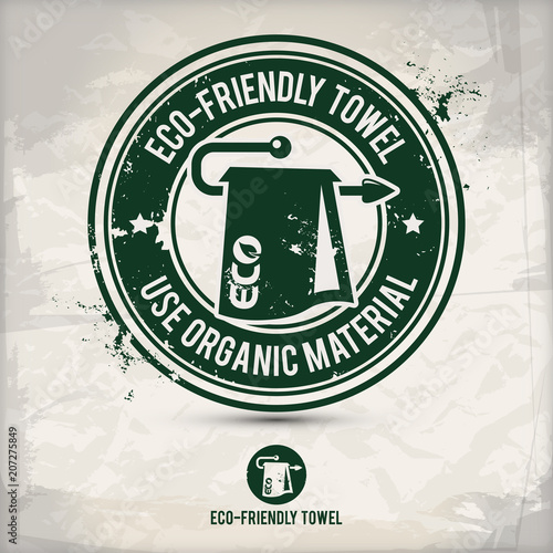 alternative eco friendly towel stamp containing: two environmentally sound eco motifs in circle frames, grunge ink rubber stamp effect, textured carton paper background, eps10 vector illustration