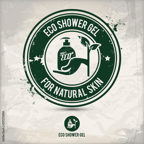 alternative eco friendly shower gel stamp containing: two environmentally sound eco motifs in circle frames, grunge ink rubber stamp effect, textured carton paper background, eps10 vector illustration