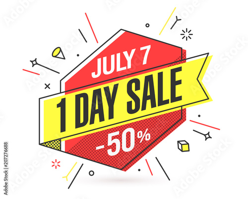 One Day Sale banner template in flat trendy memphis geometric style, retro 80s - 90s paper style poster, placard, web banner design