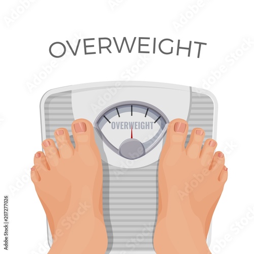 Overweight human with fat feet on scales isolated on white.