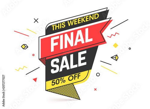 Final Sale banner template in flat trendy memphis geometric style, retro 80s - 90s paper style poster, placard, web banner design