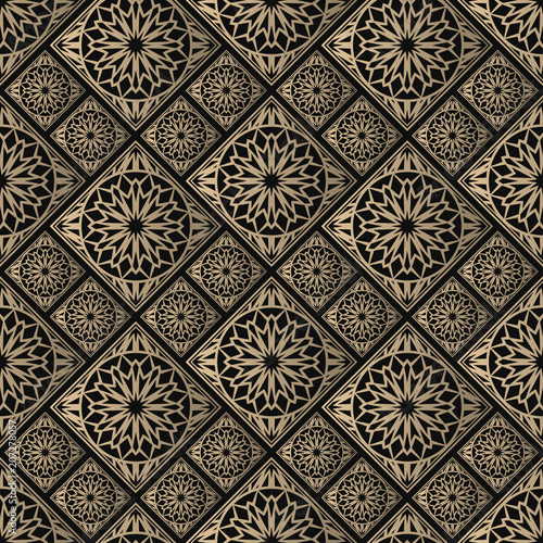 Seamless pattern oriental ornament. Black and golden textile print. Islamic vector design. Floral tiles.
