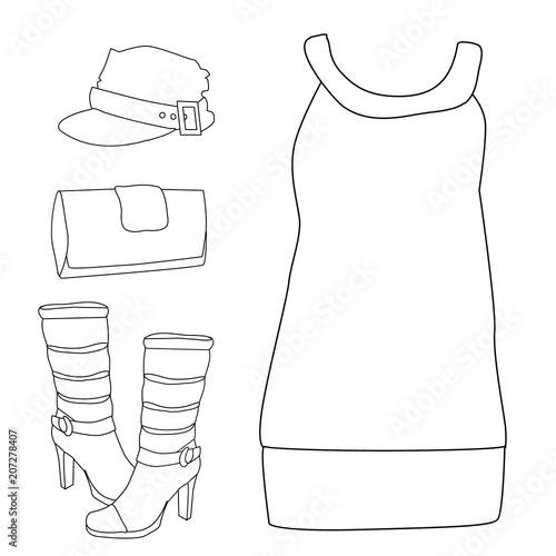 sketch female dress, boots, handbag