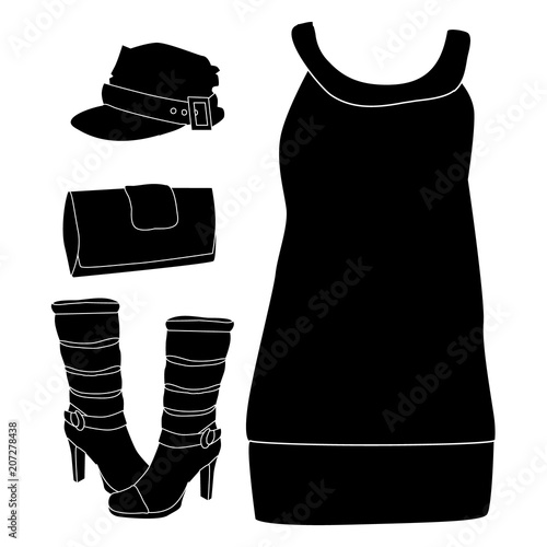 silhouette of a woman dress, boots, handbag