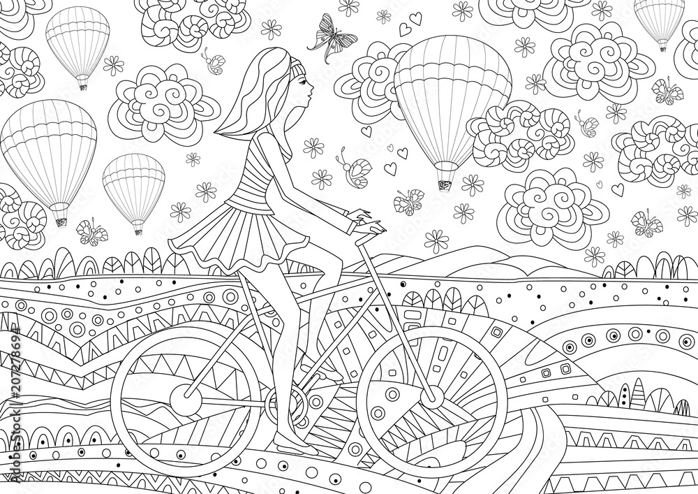 happy girl in fancy landscape for your coloring book
