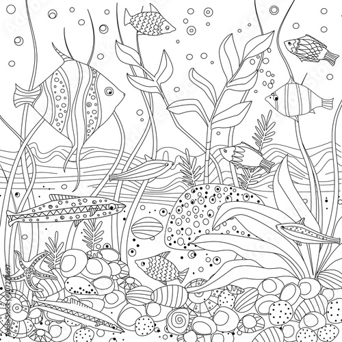 cozy fish tank with seaweed and rock stones for your coloring bo