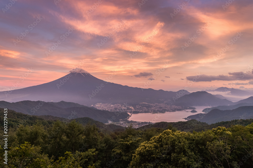 Mountain Fuji with sunset sky and Kawakuchiko lake in summer