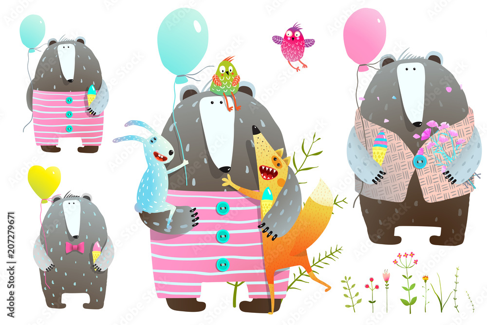 Obraz premium Collection of bear and fox and rabbit with balloons and flowers . Vector illustration.