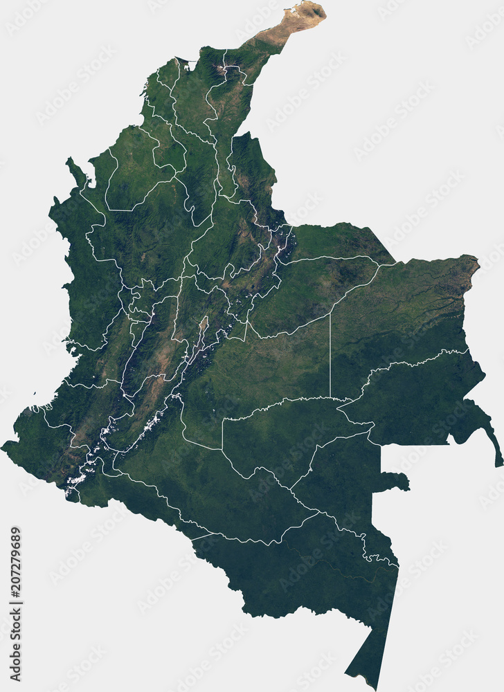 Obraz na plátně Large (25 MP) satellite image of Colombia with internal (departments) borders