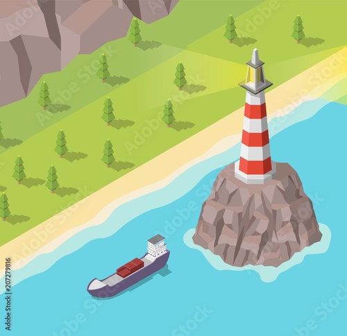 Isometric lighthouse on rock and ship vector