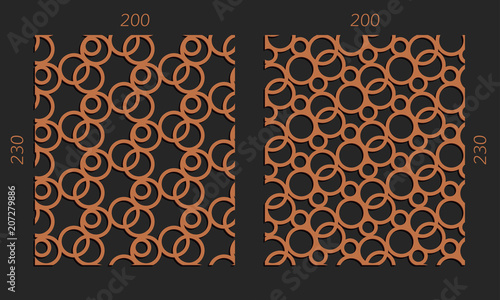 Laser cutting set. Woodcut vector trellis panels. Plywood lasercut design. Hexagonal seamless patterns for printing, engraving, paper cut. Stencil lattice ornaments.