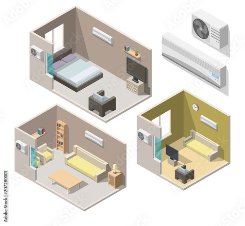 Isometric air conditioning system climate control living room interiors vector 3d set
