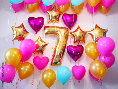 Birthday girl, 7 years old! Decorated the room with balloons of pink, fuchsia, gold and aquamarine colors photo