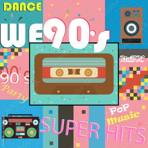 Retro-style club, background, fashion, pop music of the 90's and 80's, the old night. Easy editable design for Memphis posters. Vector illustration photo