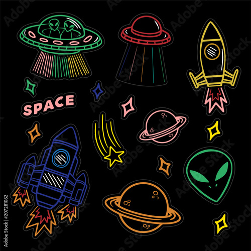 Set stickers or patches on space topic 