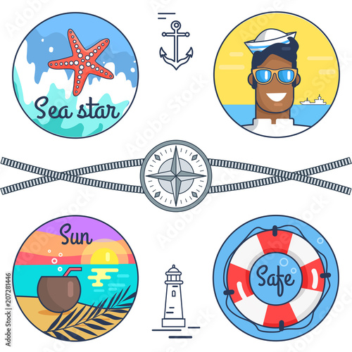 Sea Star, Sun and Safe Set Vector Illustration