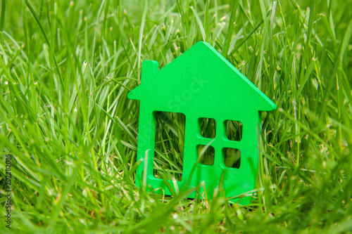Eco house in nature. Symbol of house on green grass in summer