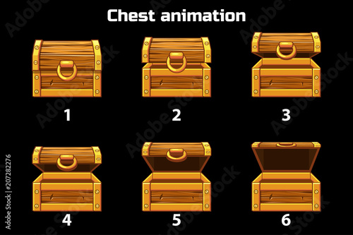 Animation step by step open and closed wooden chest, game assets