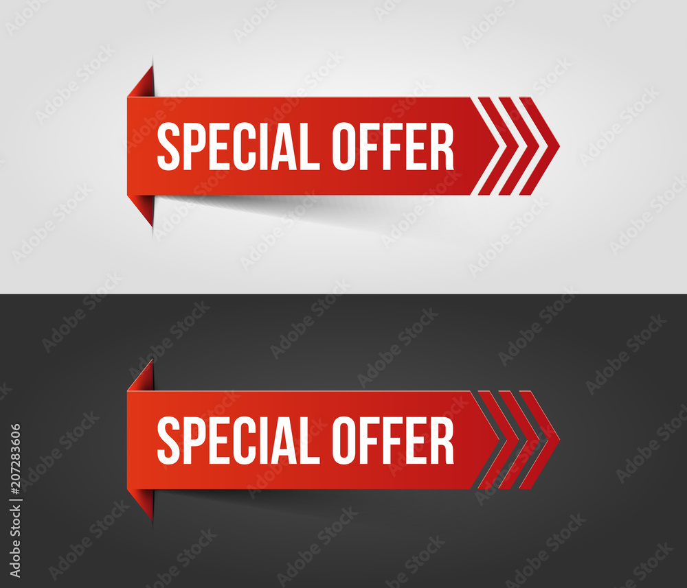 Red special offer banner with shadow on white and dark background. Vector illustration. Red special offer banner with shadow on white and dark background. Vector illustration.