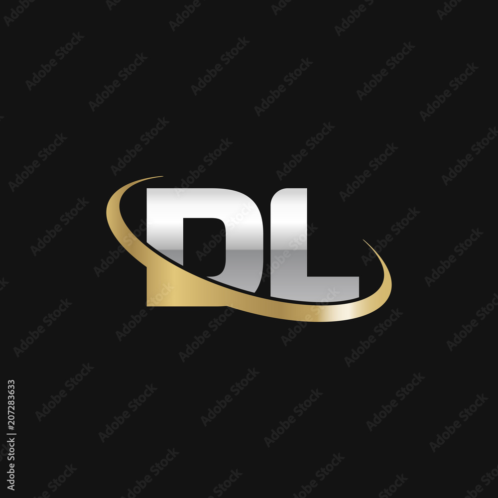 Initial letter DL, overlapping swoosh ring logo, silver gold color on black background Initial letter DL, overlapping swoosh ring logo, silver gold color on black background