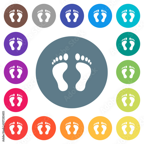 Human Footprints flat white icons on round color backgrounds