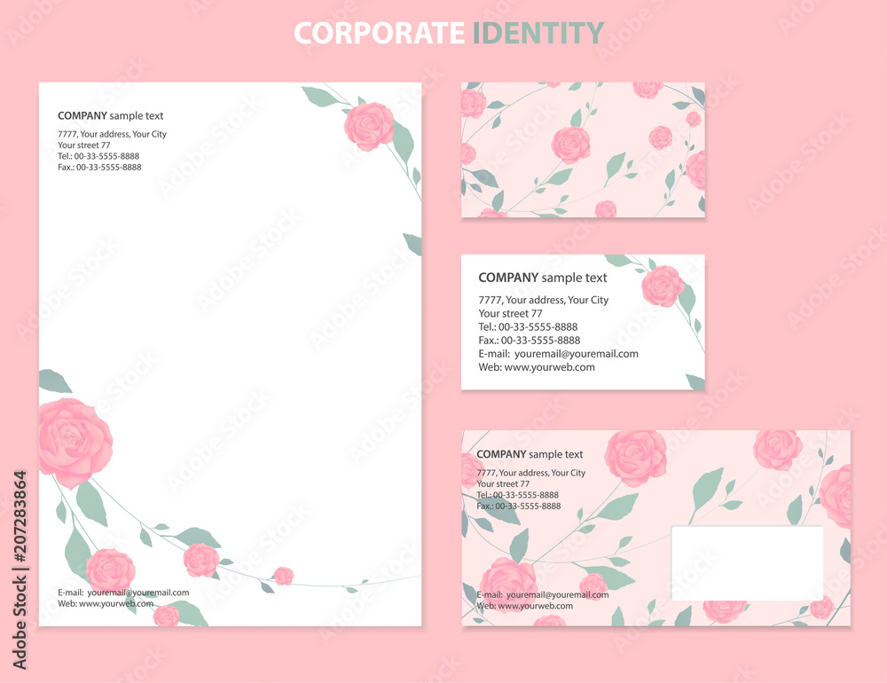 Business style template with Rose flower pattern white background, useful for wedding invitation, business card, envelope or  documents. Vector design layout
