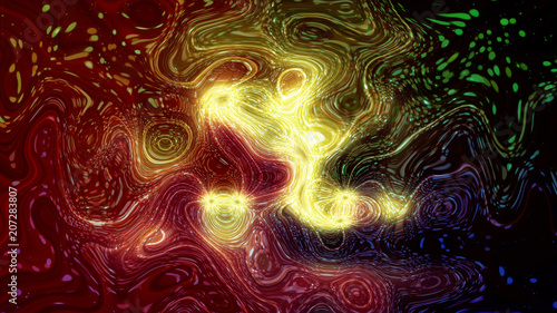 3D rendering of abstract twists and prominences from bright particles. Patterns from light spots