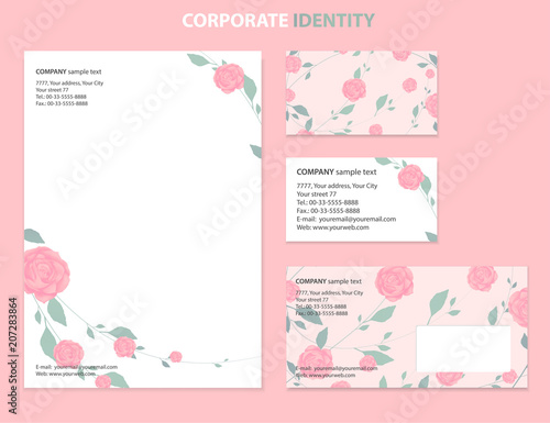 Business style template with Rose flower pattern white background, useful for wedding invitation, business card, envelope or  documents. Vector design layout
