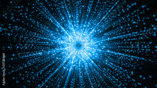 3D rendering of particles gathering in the center of virtual space. A bright explosion of a star made of particles