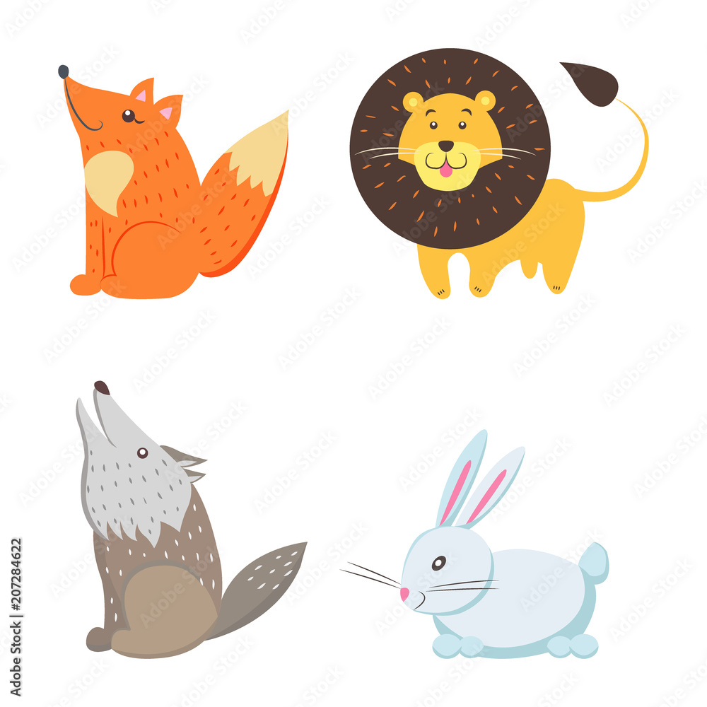 Fototapeta premium Red Fox, Yellow Lion, Howling Wolf, White Rabbit