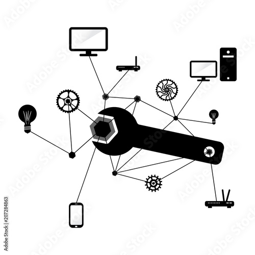 Network and PC repairs conceptual illustration in black and white