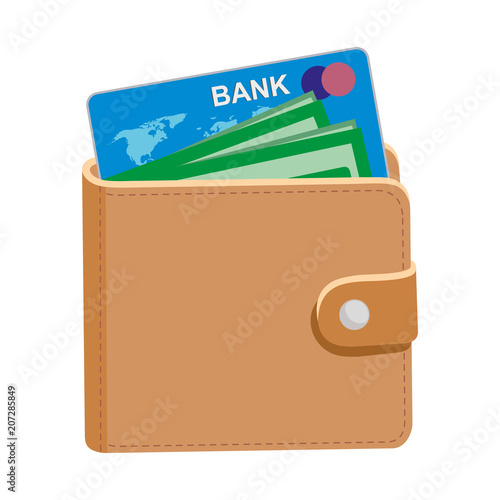 Wallet with money and credit card isolated on white background.