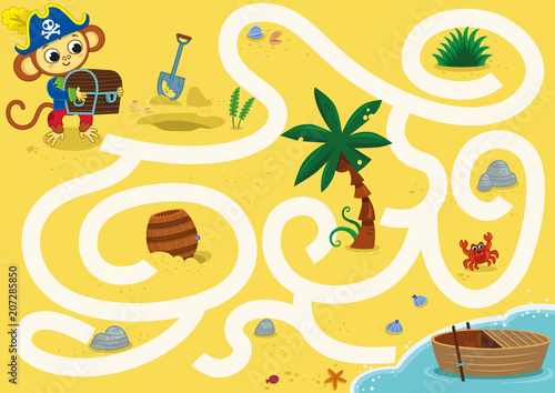 Can you help the pirate monkey to reach the boat? Vector maze game for kids.