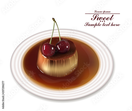 Panna cotta dessert Vector. Sweet breakfast with cherry on white plates