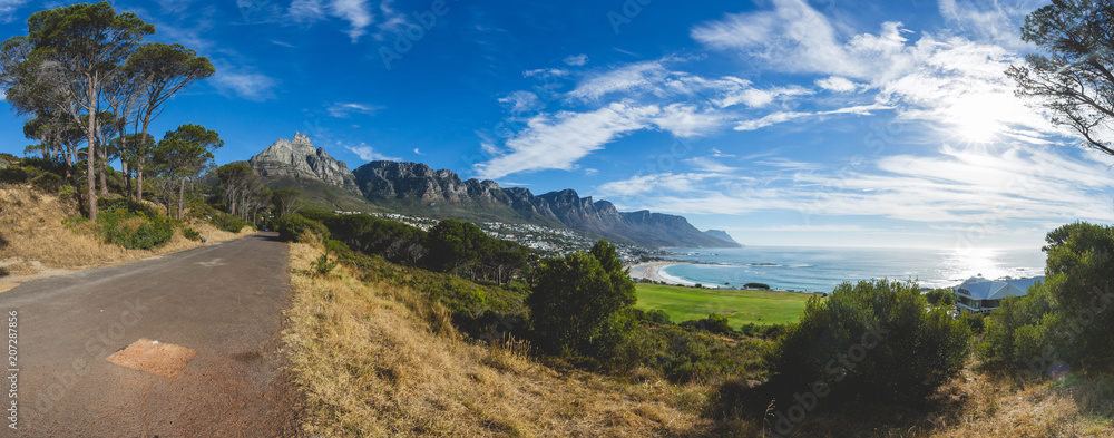 Panorama of the 12 Apostles in Cape Town with blue sky