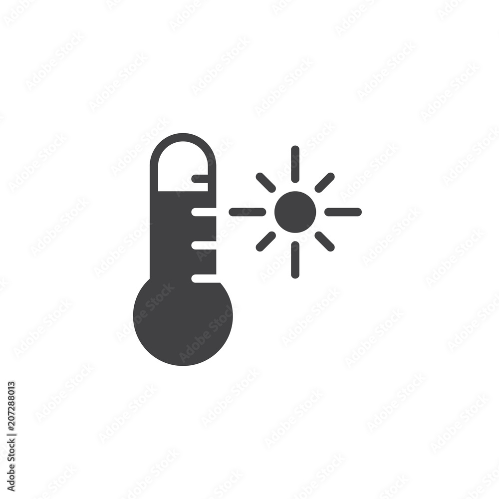 Thermometer sunny weather vector icon. filled flat sign for mobile concept and web design. Hot Temperature simple solid icon. Symbol, logo illustration. Pixel perfect vector graphics Thermometer sunny weather vector icon. filled flat sign for mobile concept and web design. Hot Temperature simple solid icon. Symbol, logo illustration. Pixel perfect vector graphics