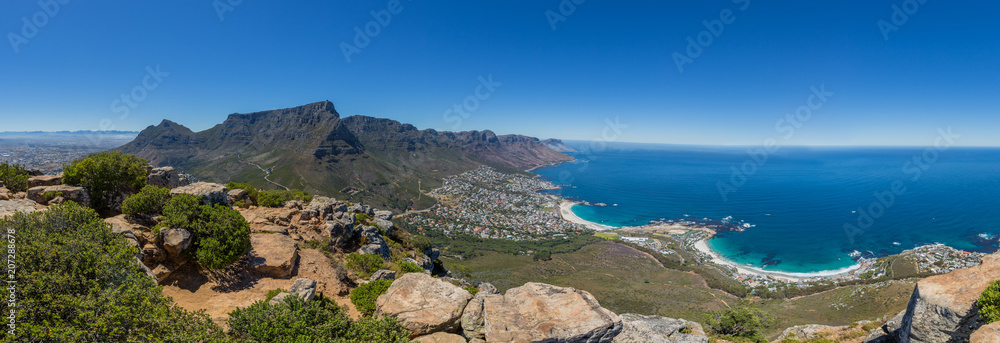 Panorama of Table Mountain and 12 Apostles in Cape Town with blue sky