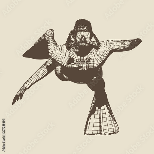 Silhouette of diver. Icon diver. The concept of sport diving. Vintage engraved illustration