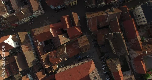 OVER RIQUEWIHR VILLAGE. ROMANTIC ALSACE IN FRANCE VINEYARD REGIO. 4K DRONE FOOTAGE. photo