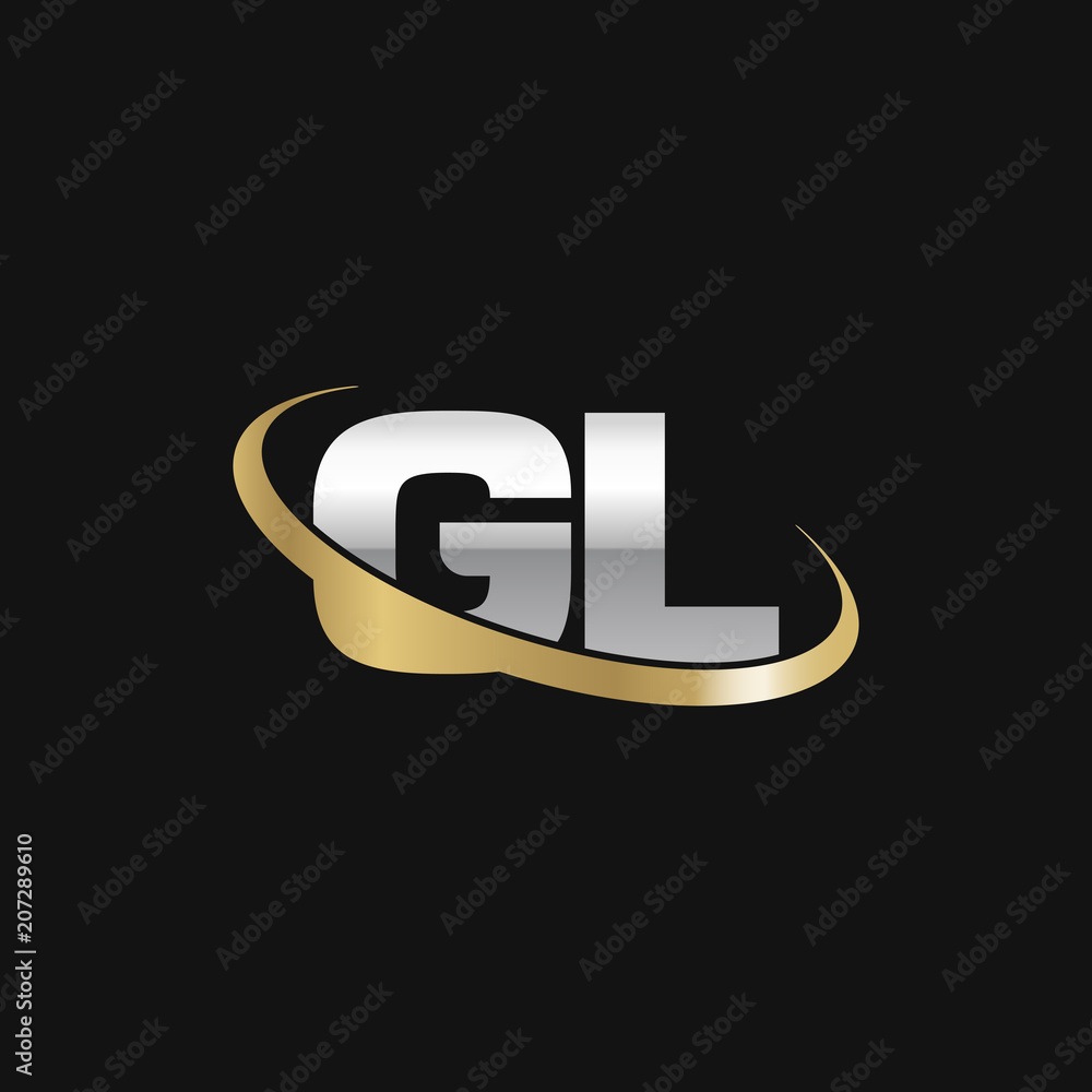 Initial letter GL, overlapping swoosh ring logo, silver gold color on black background Initial letter GL, overlapping swoosh ring logo, silver gold color on black background