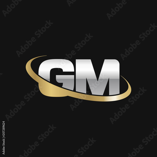 Initial letter GM, overlapping swoosh ring logo, silver gold color on black background