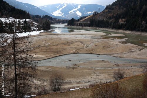 panoramic view of Valdaora Lake in Northern Italy near town of M photo